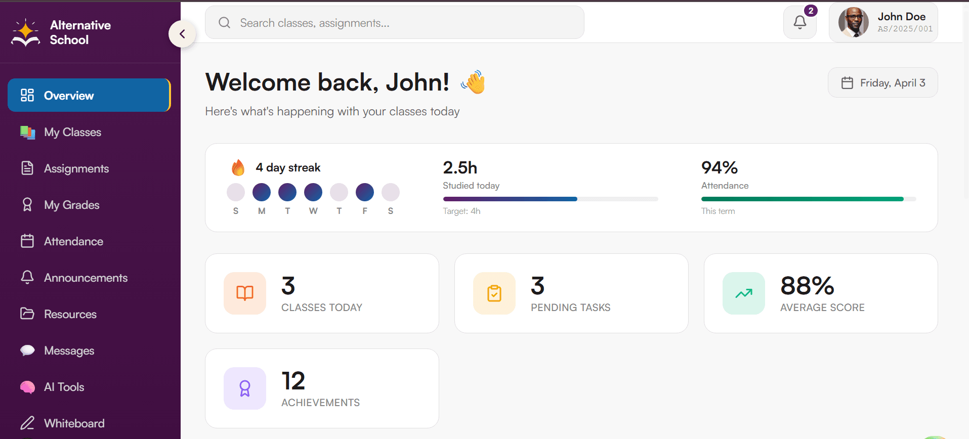 Student dashboard overview